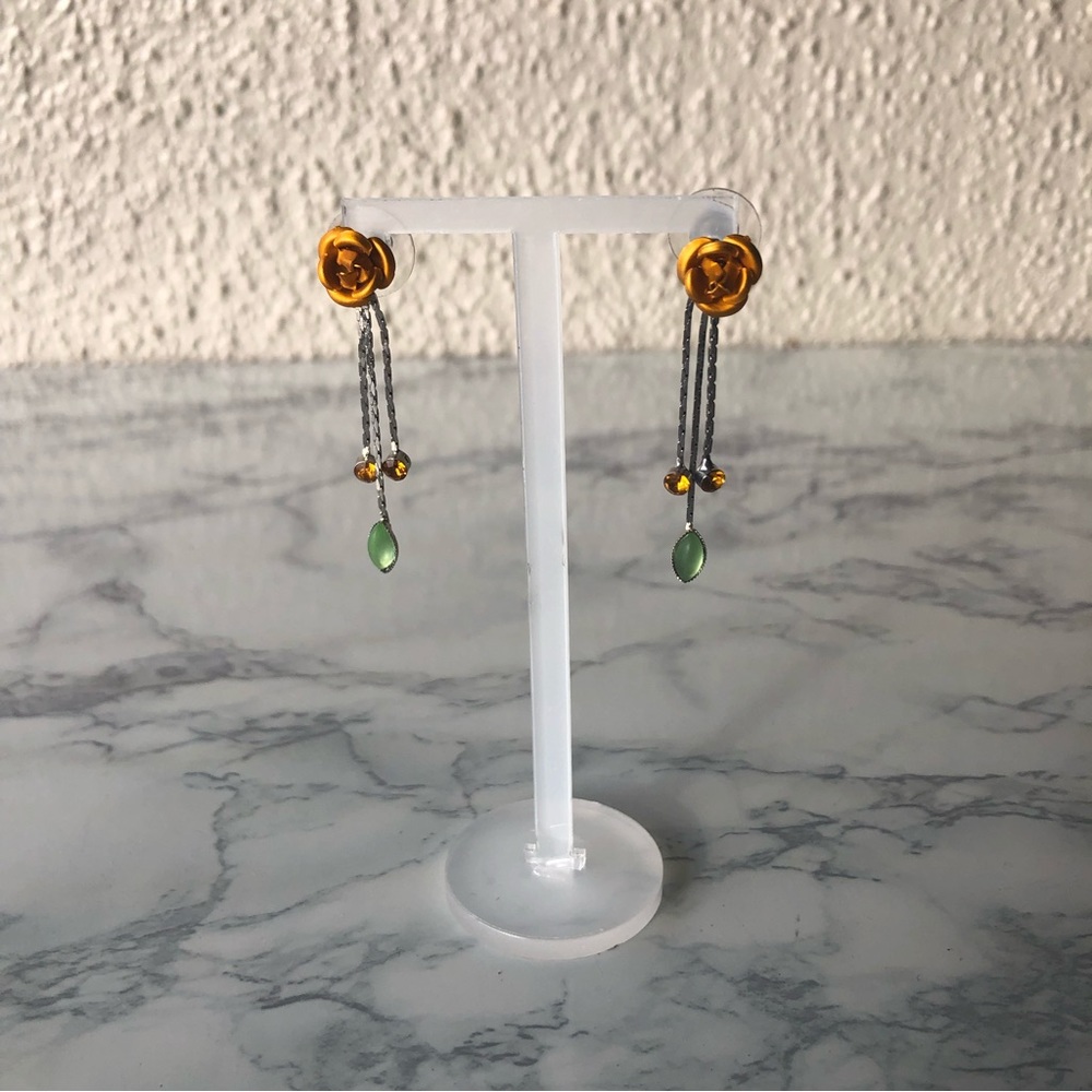 Rose dangle Earrings with 3 gem colored stones orange green yellow